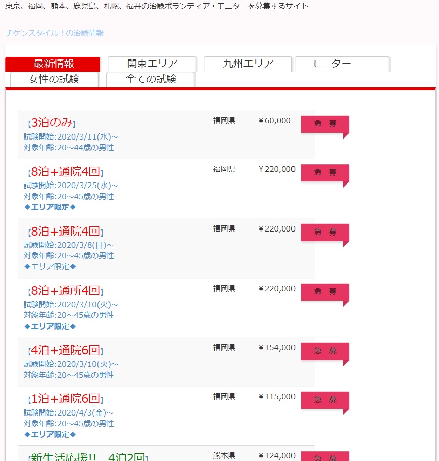 チケンスタイル公式サイトにある多数の治験案件
