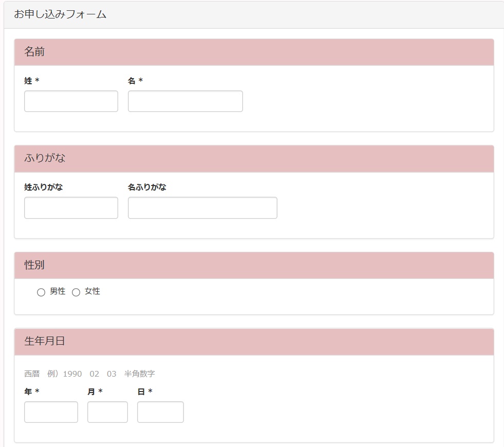 応募申し込みフォーム 氏名、身長、体重、生年月日の入力